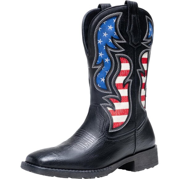 Men\'s Black 1 Western Boot Side Zipper American Flag Retro Square Toe Mid-Calf main image 6